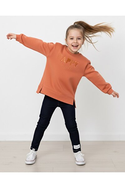 VOY KİDS Girl's Happy Embroidered 7-8-9-10 Year Old Denim-Look Leggings 2-Piece Seasonal Top and Bottom Set