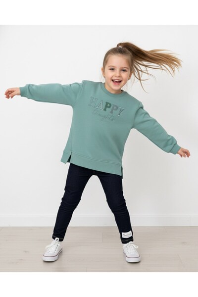 voyyo kids baby Girl's Happy Embroidered 7-8-9-10 Year Old Denim-Look Leggings 2-Piece Seasonal Top and Bottom Set