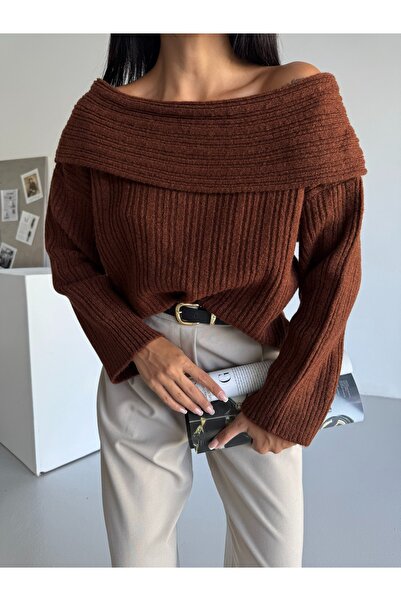 AlanTeks Широка яка Мадона Удобна кройка Дамски плетен пуловер