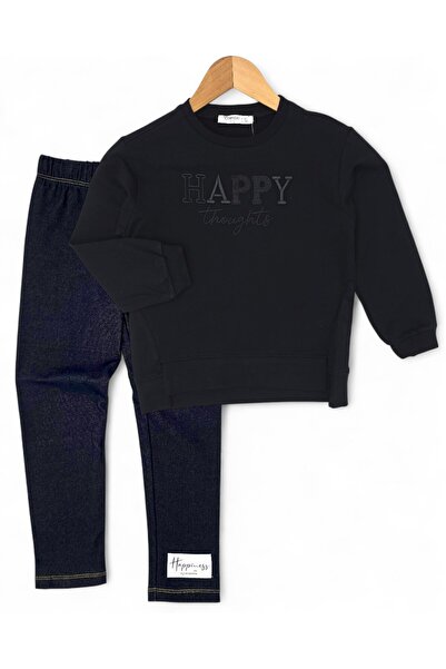 Egelite Girl's Happy Embroidered 7-8-9-10 Year Old Denim-Look Leggings 2-Piece Seasonal Top and Bottom Set