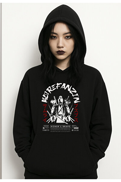 Korefanzin Μαύρο φούτερ με κουκούλα με σχέδιο ιαπωνικού τύπου σαμουράι