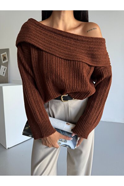 AlanTeks Широка яка Мадона Удобна кройка Дамски плетен пуловер