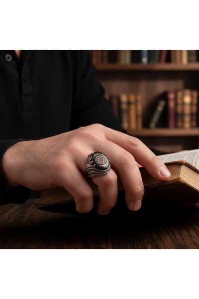 Moda Gümüş 925 Ayar Gümüş Kehribar Taşlı Hz. Süleyman Mührü Yüzük