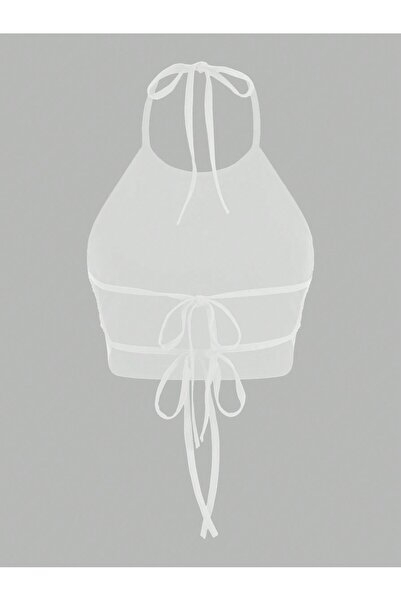 Liona Düz Desensiz Beyaz Renk Boyundan ve Sırtı Açık Bağlamalı Crop Top Bluz