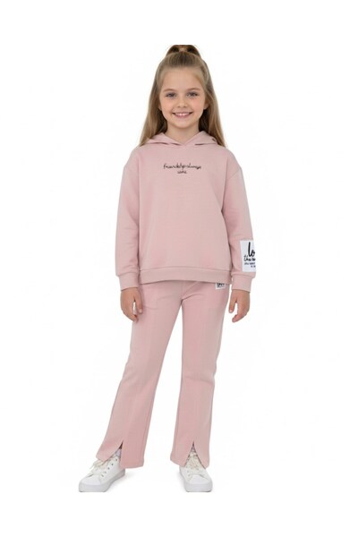 VOY KİDS Girl's Hooded Thin Seasonal Top and Bottom Set with Rope Detailing, Slit Leggings, Ages 6-7-8-9-10, 2-Strand Bottom Top Set