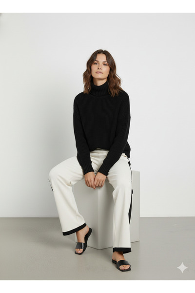 FERRY BUTİK Kadın kışlık rahat kalıp bol paça comfort beli lastikli triko pantolon