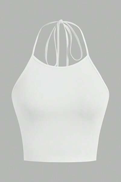 Liona Düz Desensiz Beyaz Renk Boyundan Bağlamalı Crop Top Bluz