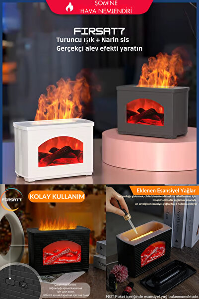 Fırsat7 3D Alev Şömine Hava Nemlendirici 270ML Led'li Buharlık Aromaterapi Di...