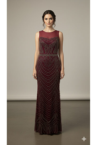 sedra Tasarım Bordo taş ve payet İşlemeli Tül Uzun Abiye Elbise