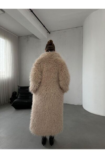 D'RECCY Women's Long Stone Color Plush Fur Coat