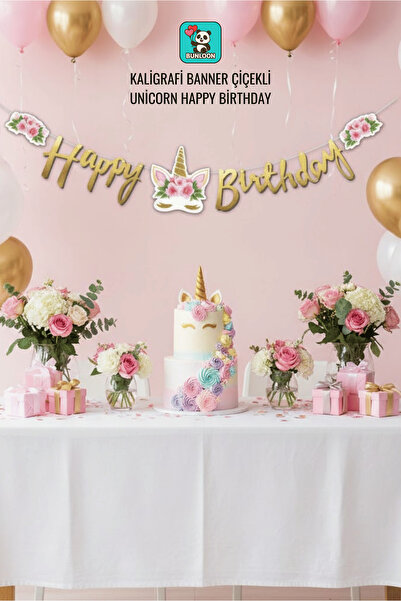 Bunloon Banner cu text pentru ziua de naștere cu unicorn cu flori de caligraf...