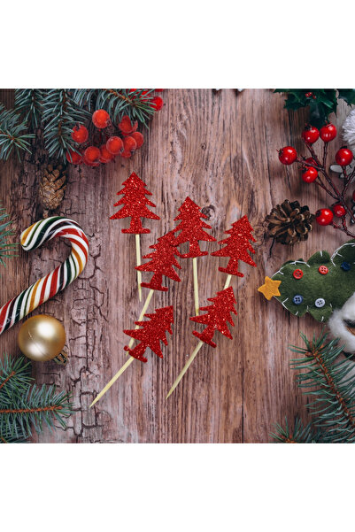 MİRAY FLOWERS HEDİYELİK 6 Adet Kırmızı kürdan yılbaşı çam ağacı simli sunum kürdanı yeni yıl Noel yılbaşı sunum