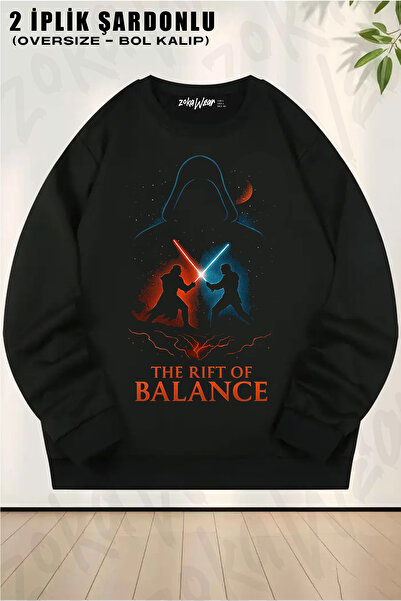 ZOKAWEAR Unisex Bol Kalıp Star Wars (DART VADER) Balance Baskılı Tasarım Oversize Bisiklet Yaka Sweatshirt