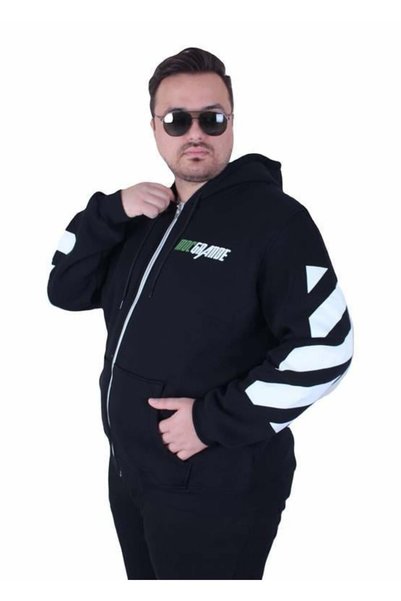 Starbattal Büyük Beden Kapüşonlu Fermuarlı 3ip Sweat MG 25718 SIYAH