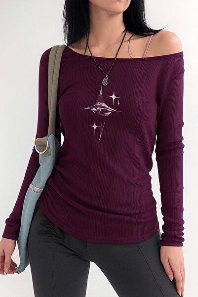 Karakedi Burgundy Crystal Eye Madonna Neckline Long Sleeve Crop Bodysuit