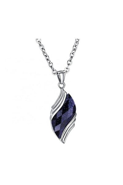 DROPY - Stainless steel medallion necklace, leaf pattern pendant and imitation sapphire stone