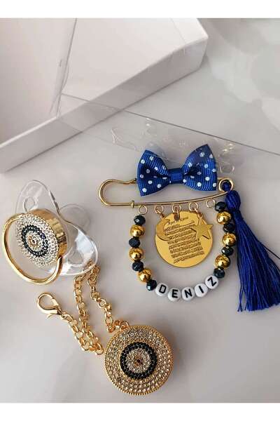 Beyaz Gelincik Tasarım Taşlı Emzik ve Emzik Zinciri Seti, İsimli Ayetel Kürsi Yazılı Bebek Nazarlık Yaka İğnesi