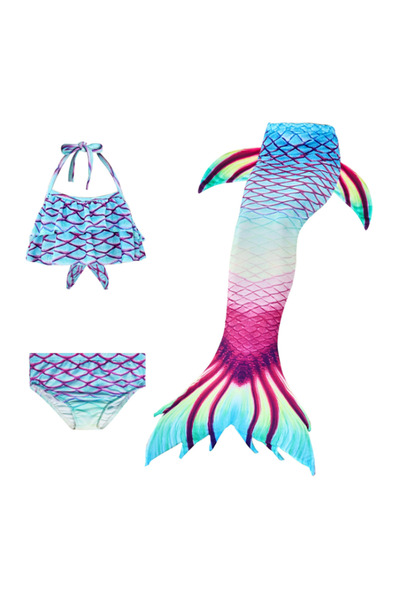 THK Set costum de baie sirenă Ariel, format din 3 piese, albastru Bermuda, include top, slip și coadă, 150 cm - 11+ ani