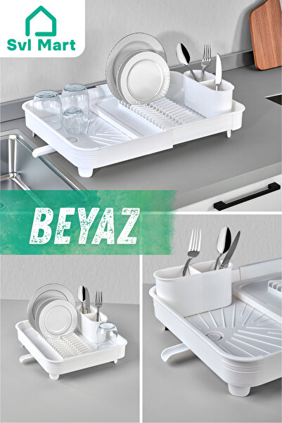 SVL MART Sürgülü Tabaklık Açılır Kapanır Bulaşıklık Kurutma Sepeti - Beyaz