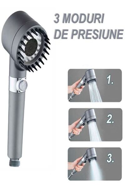THK Shower Head, 3 Turbo Pressure Modes, Massage Brush, Water Purification Filter, Metallic Gray