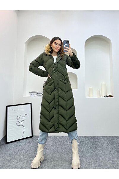 Fashionbox Kadın memory kumaş kürklü uzun şişme yelek 25112