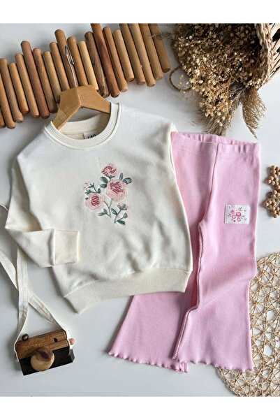 Elidabutik Floral Embroidered Pink Suit