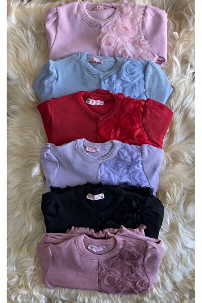 HÜMAKİDSWEAR Ribana Kumaş Yarım Gül İşlemeli Kız Çocuk Kombin Seti