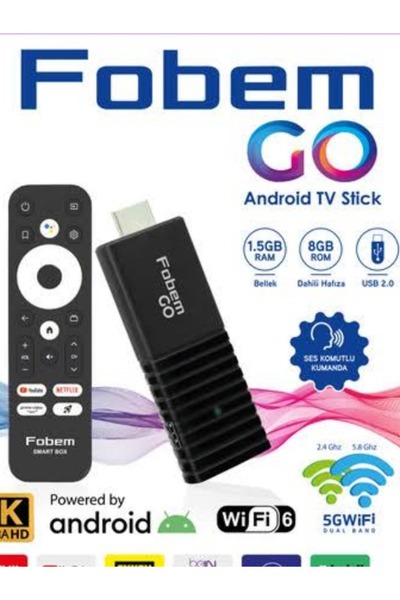FOBEM Go 4k Stick Android TV Box medya oynatıcı ,WiFi fi6 1.5 GB Ram 8 GB hafıza