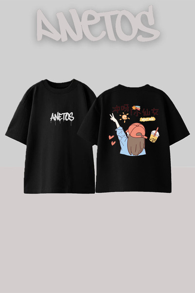 Anetos Μπλουζάκι Anime Girl Design με τύπωμα Cotton Black oversized