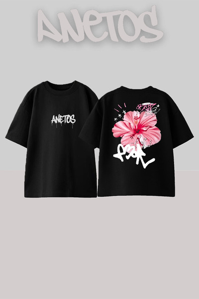 Anetos Pink Hibiscus 1 Design Spate cu imprimeu Bumbac Negru supradimensionat...