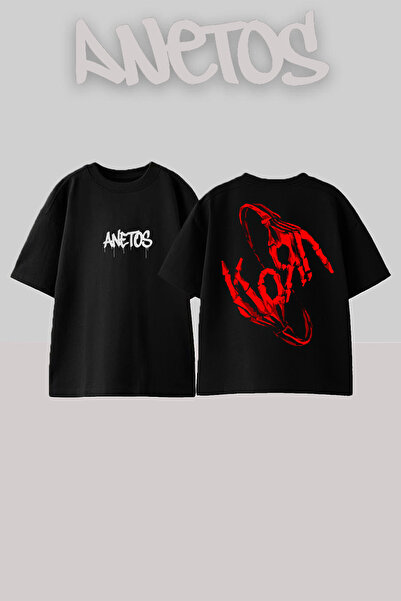 Anetos Korn 18 Design Spate cu imprimeu Bumbac Negru supradimensionat tricou