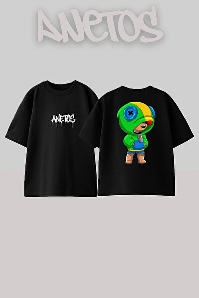 Anetos Brawl Stars Leon Tasarım Sırt Baskılı Pamuk Siyah Oversize T-shirt