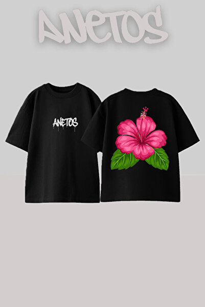 Anetos Flower 1 Design Spate cu imprimeu Bumbac Negru supradimensionat tricou