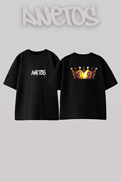 Anetos King Crown Design Spate cu imprimeu Bumbac Negru supradimensionat tricou