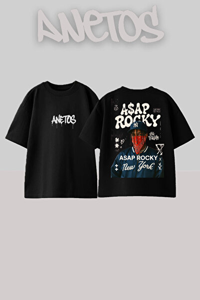 Anetos تي شيرت أسود كبير الحجم من القطن مطبوع عليه تصميم Asap Rocky 6