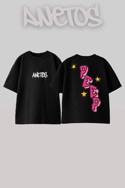 Anetos Tricou negru supradimensionat din bumbac cu imprimeu Lil Peep 4 Design