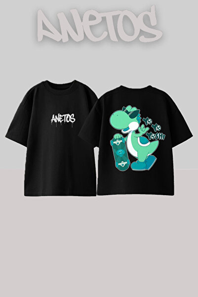 Anetos Rucsac Baby Dino Design cu imprimeu Bumbac Negru supradimensionat tricou