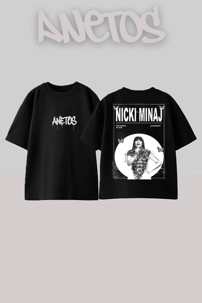 Anetos تي شيرت أسود كبير الحجم من القطن مطبوع عليه تصميم Nicki Minaj
