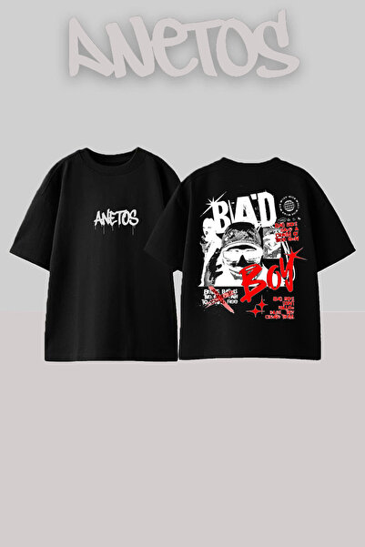 Anetos Μπλουζάκι Bad Boy 1 Σχεδίαση με τύπωμα στην πλάτη από βαμβάκι Μαύρο Ov...