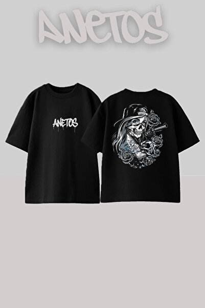 Anetos Gang Women Design Rucsac cu imprimeu Bumbac Negru supradimensionat tricou