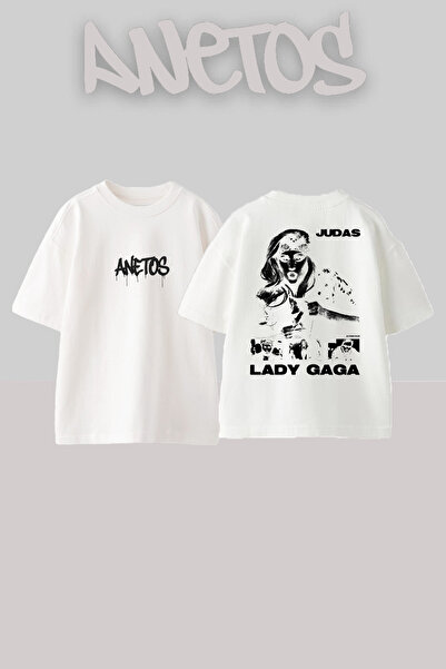 Anetos تي شيرت ليدي غاغا 6 بتصميم مطبوع على الظهر من القطن الأبيض كبير الحجم
