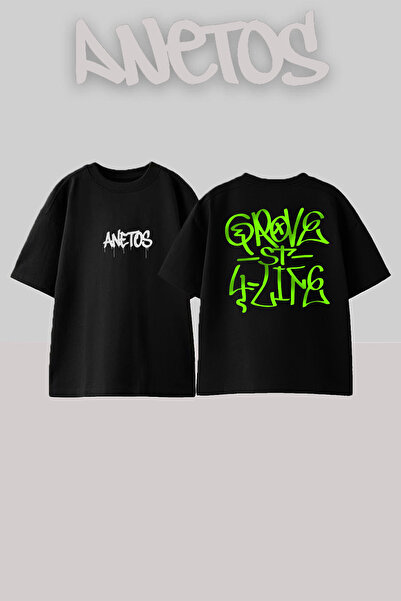 Anetos Grove Design Spate cu imprimeu Bumbac Negru supradimensionat tricou