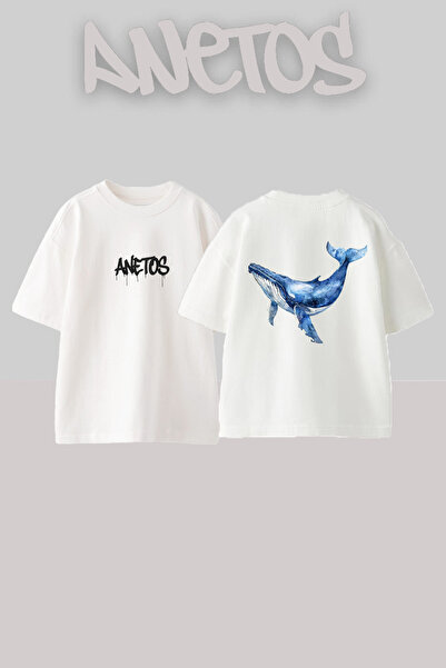 Anetos Blue Whale 1 Design Spate cu imprimeu Bumbac Alb supradimensionat tricou