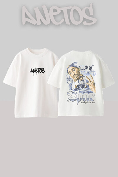 Anetos 2 Pac Design Spate cu imprimeu Bumbac Alb supradimensionat tricou