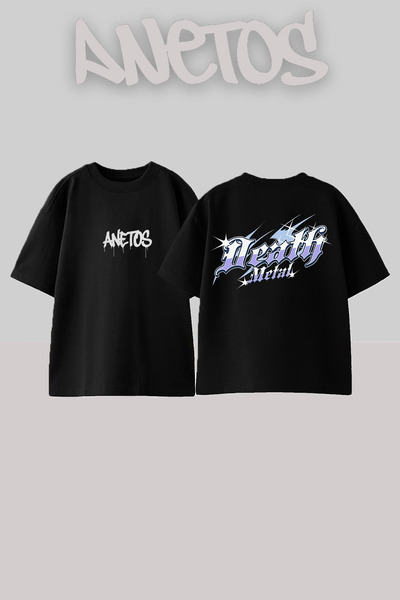 Anetos Metal 1 Design Spate cu imprimeu Bumbac Negru supradimensionat tricou