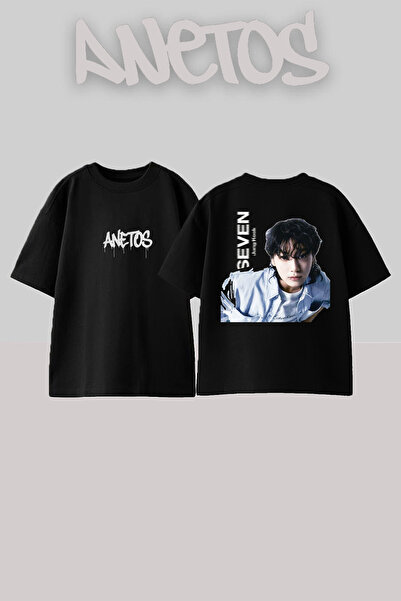 Anetos Rucsac Seven Jungkook Design cu imprimeu Bumbac Negru supradimensionat...