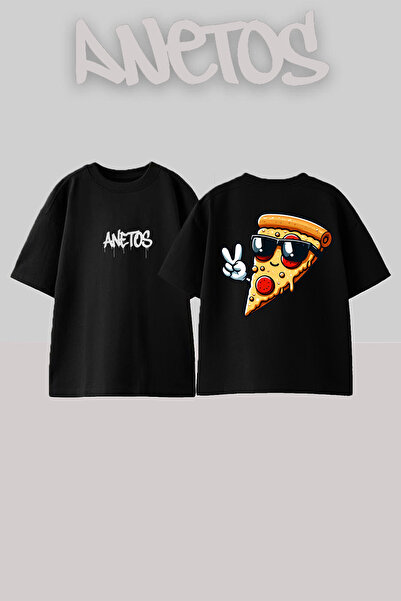 Anetos Cool Pizza Design Spate cu imprimeu Bumbac Negru supradimensionat tricou
