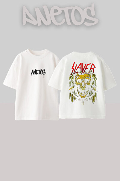 Anetos Slayer 4 Design Back cu imprimeu Bumbac Alb supradimensionat tricou