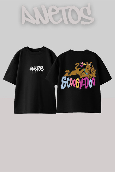 Anetos تي شيرت سكوباي دو 2 مصنوع من القطن الأسود ذو تصميم كبير الحجم ومطبوع ع...