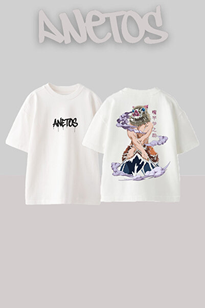 Anetos Tricou oversize alb din bumbac cu imprimeu pe spate Demon Slayer 1